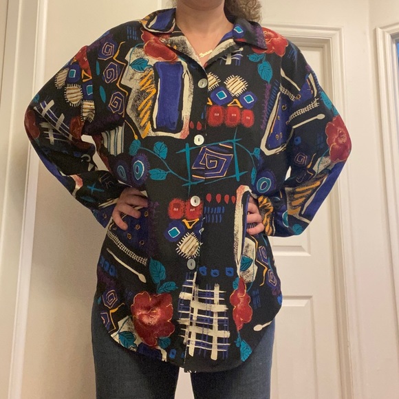 Abstract Silky Button Down Blouse VINTAGE - Picture 9 of 9